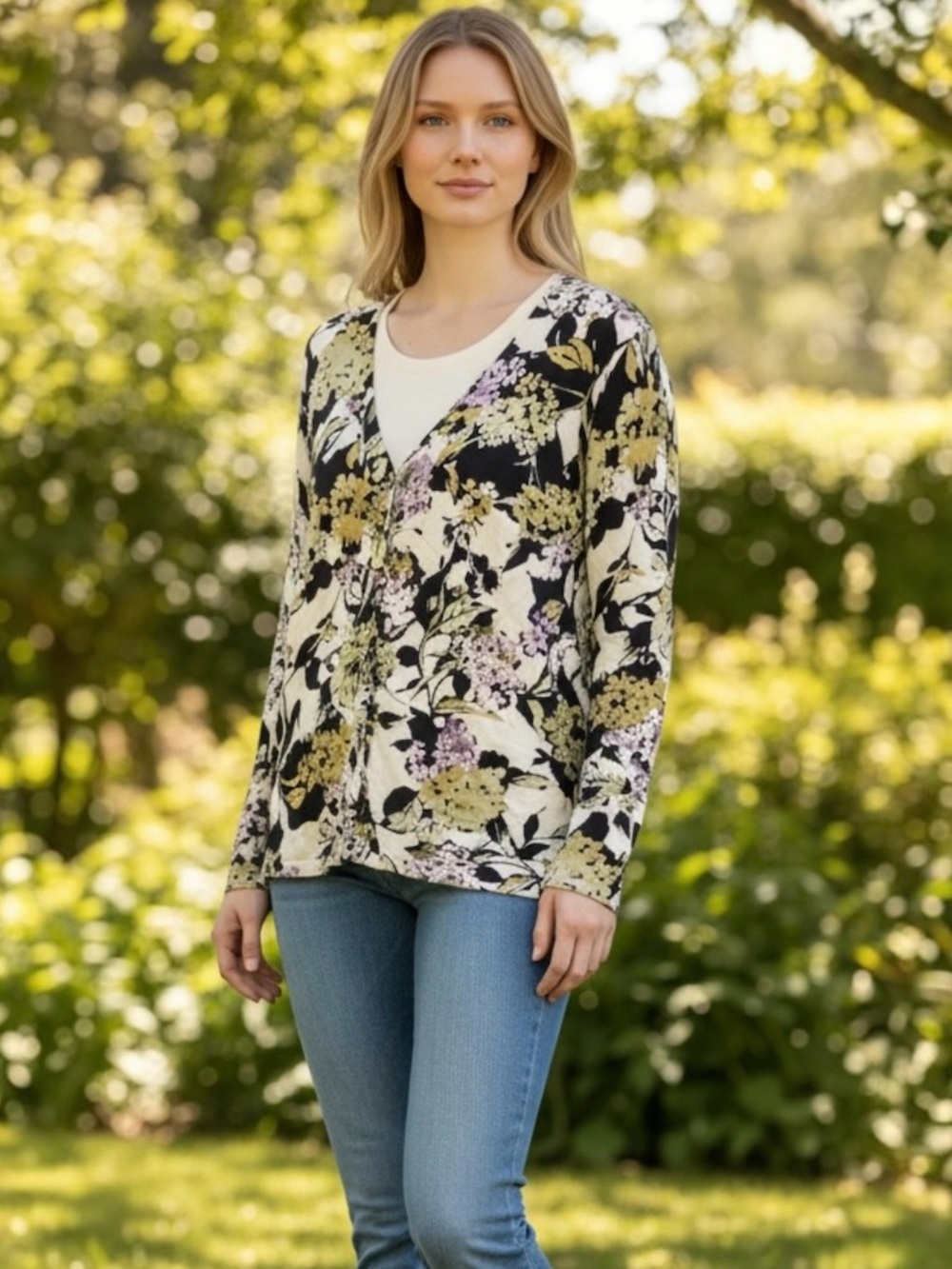 Talbots Women’s Silk Blend Floral V-Neck Button Front Cardigan Sweater Medium